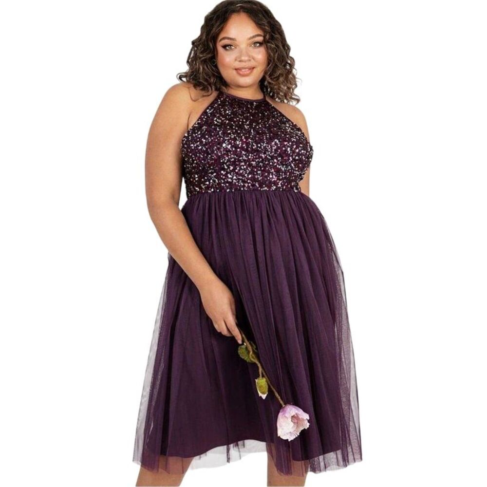 Maya Deluxe Womens/Ladies De Bardot Off-the- Midi Dress / Berry